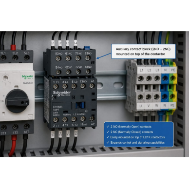 Auxiliary contact block for LC1K contactors | 2NO + 2NC | top-mounted on the contactor 1 Auxiliary contact block for LC1K contactors | 2NO + 2NC | top-mounted on the contactor 1