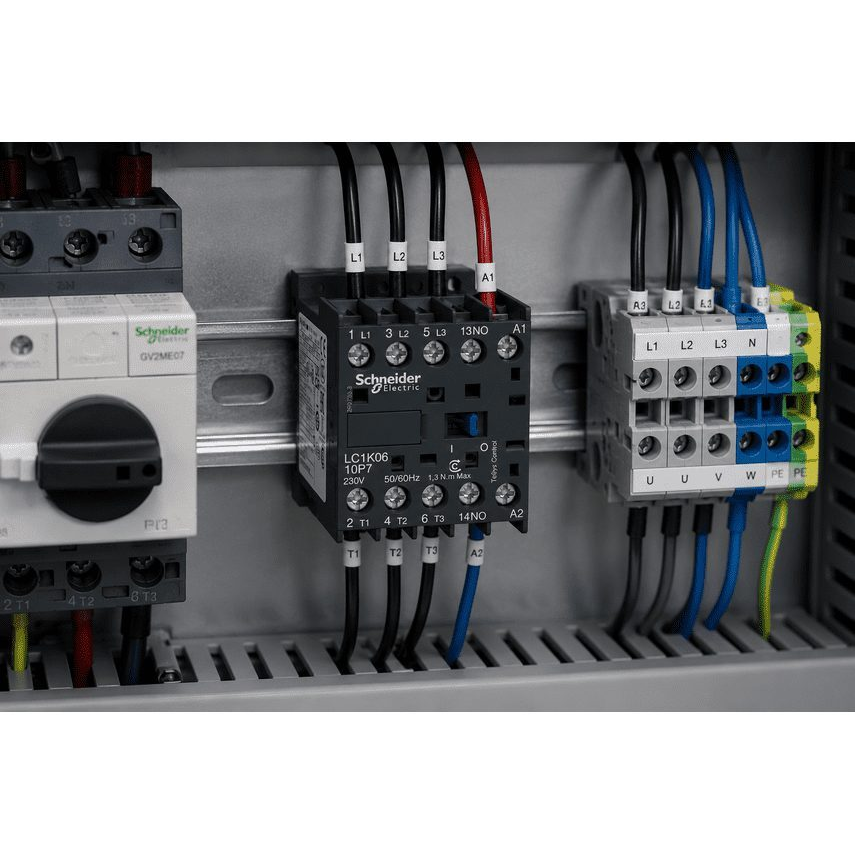 Мини-контактор LC1K | 3P | 6A | 2,2kW | катушка 24VAC | 1NO вспомогательный контакт | для электродвигателей и цепей управления 1 Мини-контактор LC1K | 3P | 6A | 2,2kW | катушка 24VAC | 1NO вспомогательный контакт | для электродвигателей и цепей управления 1