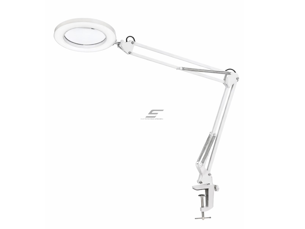 Stalinis LED darbo šviestuvas su lupa ir spaustuvu | 3000–6000K | reguliuojamas ryškumas | Touch valdymas | lankstus laikiklis | aliuminis korpusas | baltas