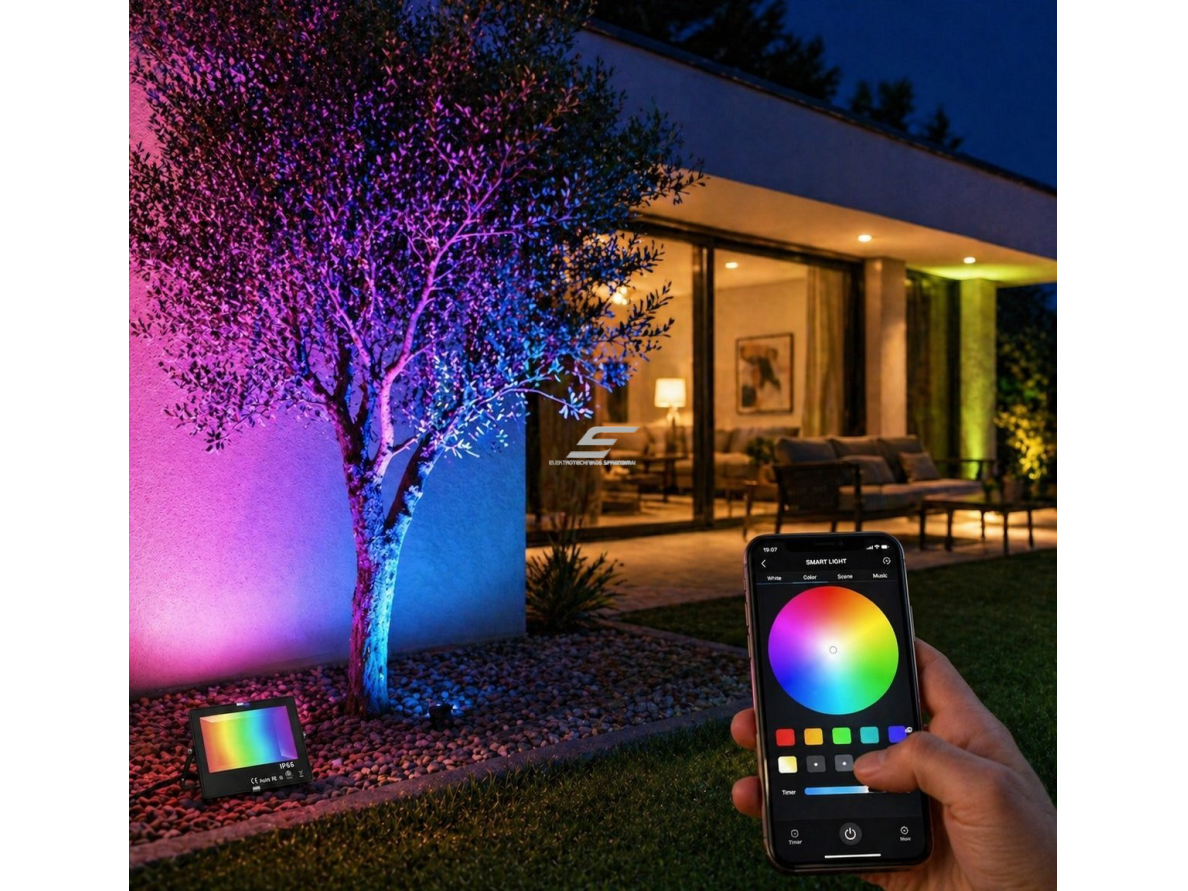 LED RGB išmanus lauko prožektorius | su APP valdymu | 80W | RGB + šiltai balta 2700K | IP66 | 7900lm | aliuminis korpusas 3