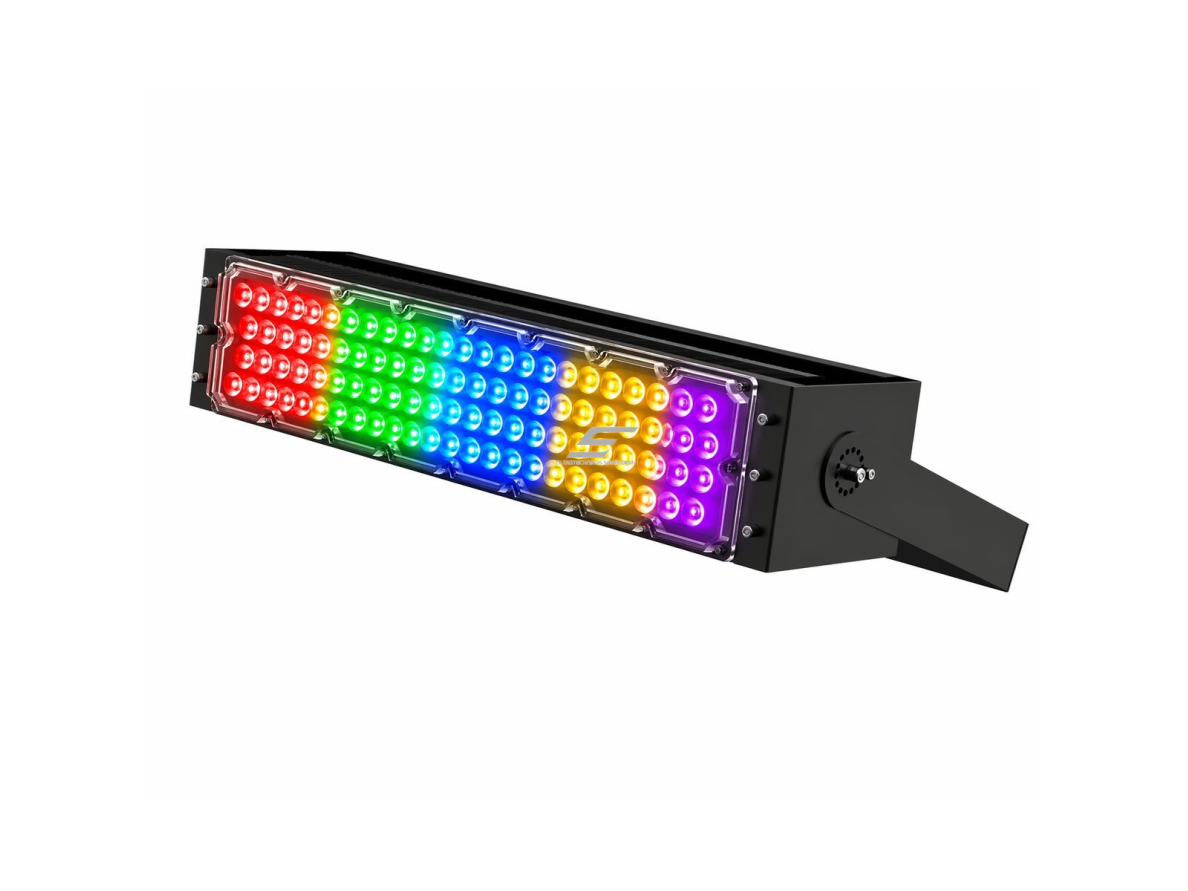 LED RGB prožektorius | 250W | DMX valdymas | 96x3W | IP65 | AC 100–277V | 20°–90° | dimeriuojamas | lauko, fasadų ir architektūriniam apšvietimui