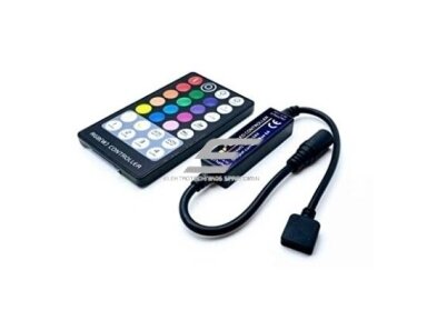 LED juostų mini RGB+CCT valdiklis | 5-24VDC | ant laido | su 28 klavišų pulteliu | valdymas radijo bangomis
