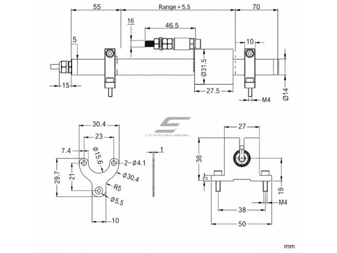 Linijinės padėties ir poslinkio jutiklis | 14–50 mm | iki 36V DC | analoginis išėjimas | cilindrų, slankiklių ir mechanizmų eigos matavimui 2