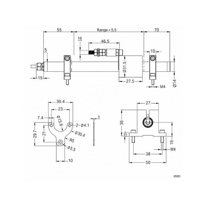 Linear position and displacement sensor | 14–50 mm | up to 36V DC | analog output | for measuring the stroke of cylinders, sliders and mechanisms 2 Linear position and displacement sensor | 14–50 mm | up to 36V DC | analog output | for measuring the stroke of cylinders, sliders and mechanisms 2