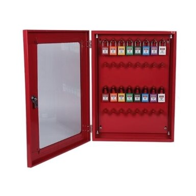 LOTO Ohutuslukustuse vahendite / lukkude hoiukapp läbipaistva uksega | 450x600x85mm | terasest | pindpaigaldatav | punane LOTO Ohutuslukustuse vahendite / lukkude hoiukapp läbipaistva uksega | 450x600x85mm | terasest | pindpaigaldatav | punane