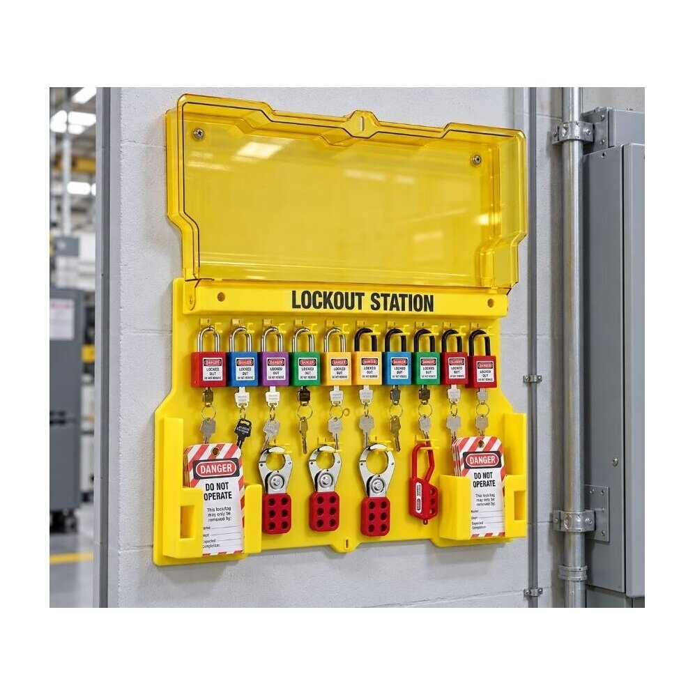 LOTO Safety lockout equipment and padlock storage box with transparent door | 558x393x65mm | plastic | surface-mounted | yellow 4 LOTO Safety lockout equipment and padlock storage box with transparent door | 558x393x65mm | plastic | surface-mounted | yellow 4