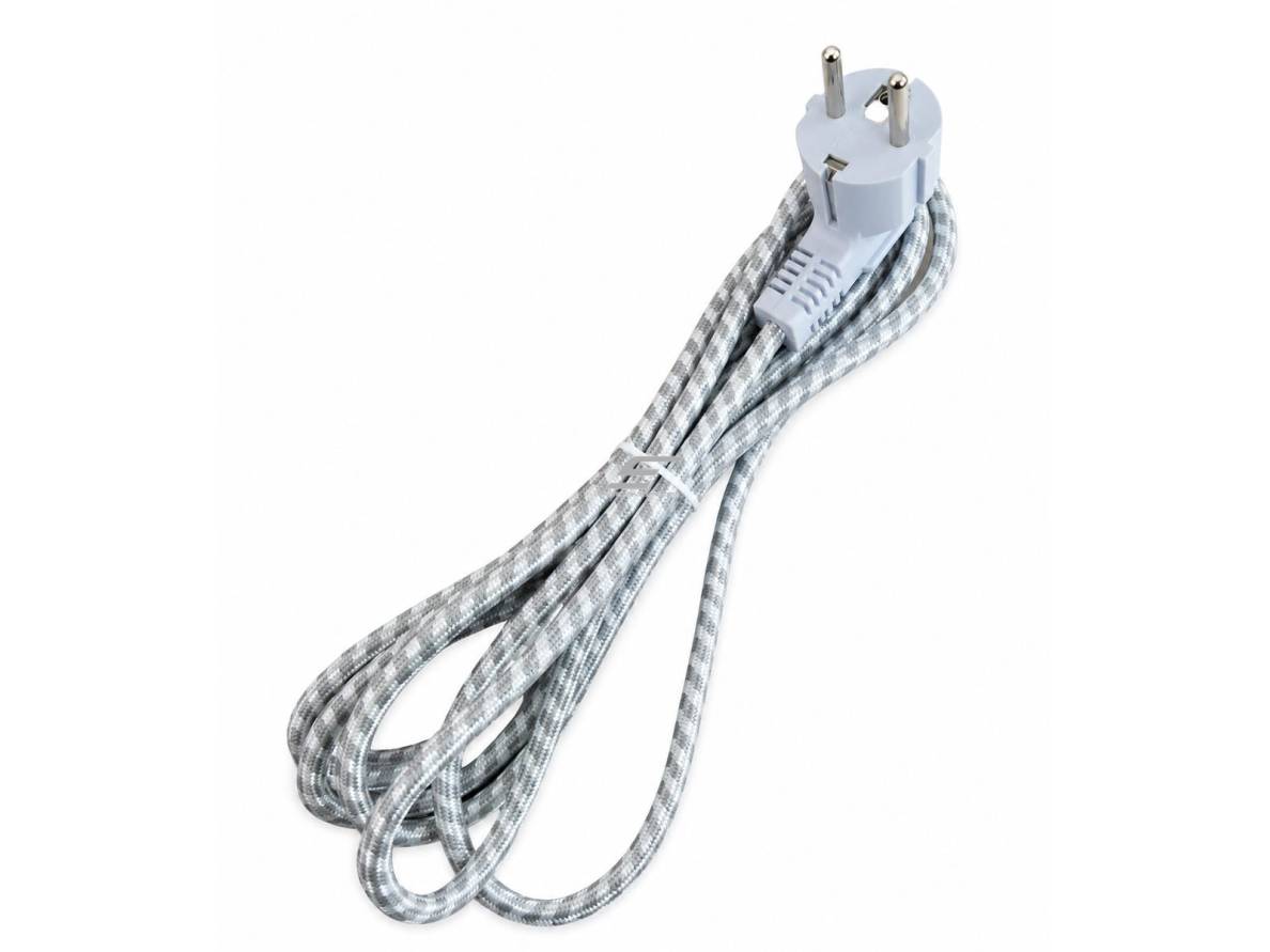 Maitinimo laidas buitinei ir pramoninei įrangai | su europiniu kištuku | medžiaginis pintas kabelis | H05VV-F | 2 gyslų | 16A | 250V | 3m kabelis | baltas Maitinimo laidas buitinei ir pramoninei įrangai | su europiniu kištuku | medžiaginis pintas kabelis | H05VV-F | 2 gyslų | 16A | 250V | 3m kabelis | baltas