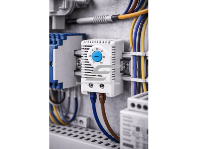 Elektromechaninis termostatas DIN bėgeliui | NO | 0-60°C | 10A | 110–250V AC | bimetalinis | automatinė temperatūros kontrolė | IP20 4