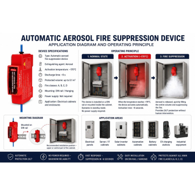 Mini aerosol automatic fire extinguishing device for electrical cabinets | equipment protection | 0.1 m³ | 170°C activation | 6 s extinguishing | DIN rail mounting 5