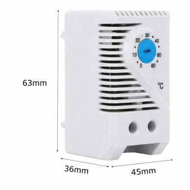 Elektromehāniskais termostats DIN sliedei | NO | 0-60°C | 10A | 110–250V AC | bimetāla | automātiska temperatūras kontrole | IP20 3