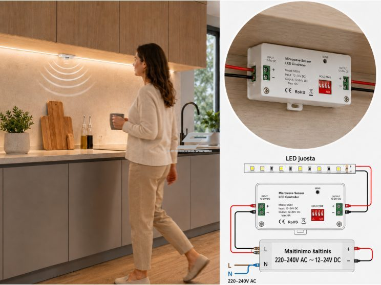 LED juostų valdiklis | su mikrobangų žmogaus buvimo jutikliu | 12-24V DC | vienos spalvos juostų valdymui | 3 kanalai | paslėptam baldų, vitrinų ir koridorių apšvietimui 2
