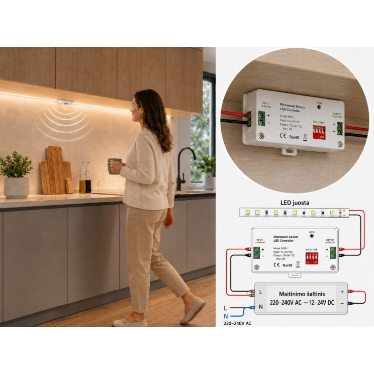 LED-riba kontroller | mikrolaine inimese kohaloleku anduriga | 12–24V DC | CCT LED-riba juhtimiseks | 3 kanalit | varjatud mööbli, vitriinide ja koridoride valgustuseks 2