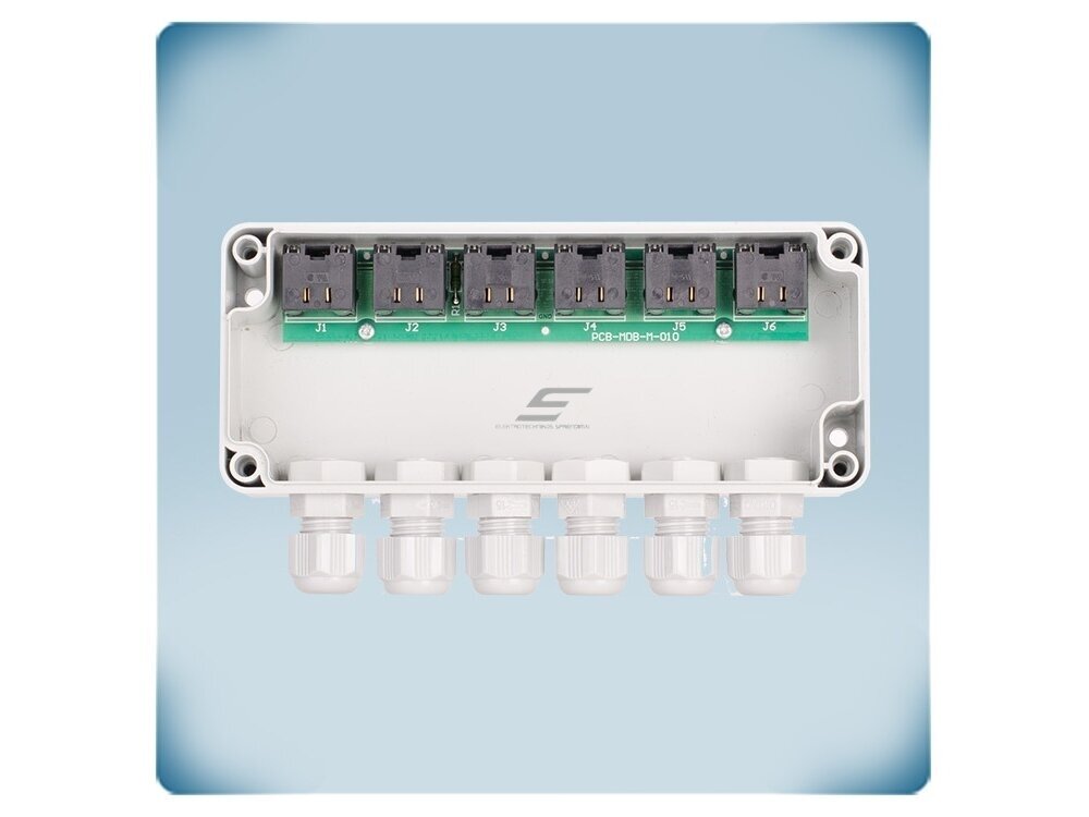 Modbus RTU paskirstymo dėžutė PoM | 6×RJ45 | 24VDC | 1,5A | paviršinė | IP65 | Sentera Controls | MDB-M-6 5