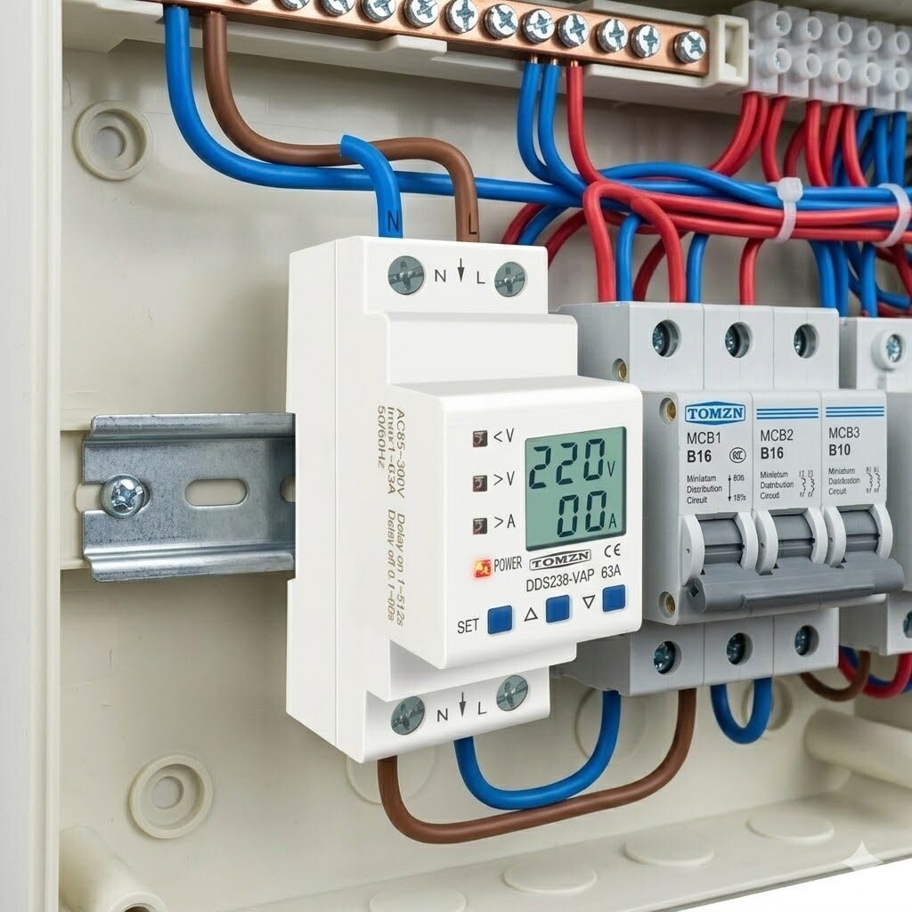 Modułowy przekaźnik kontroli napięcia | cyfrowy | zabezpieczenie przed przepięciem i spadkiem napięcia | 80A | 230V AC | DIN | woltomierz | amperomierz | pomiar kWh 3