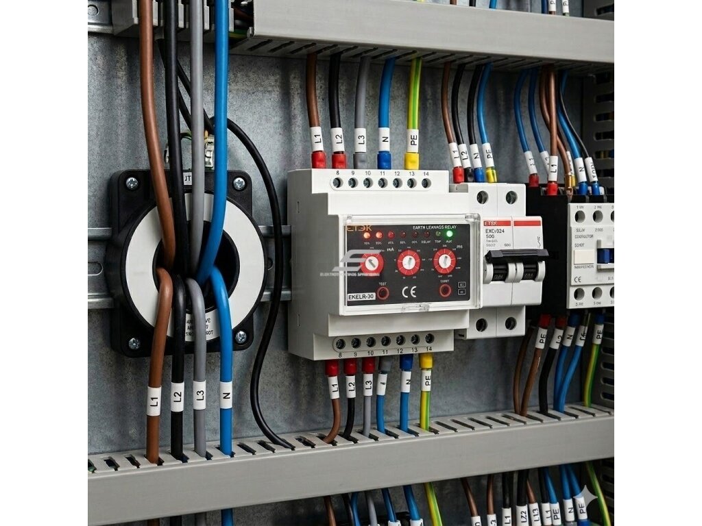 Modulinė nuotėkio srovės kontrolės relė | žemės nuotėkio stebėjimo relė | 110/230VAC | reguliuojama 30mA–30A | DIN | 1NO+1NC 4
