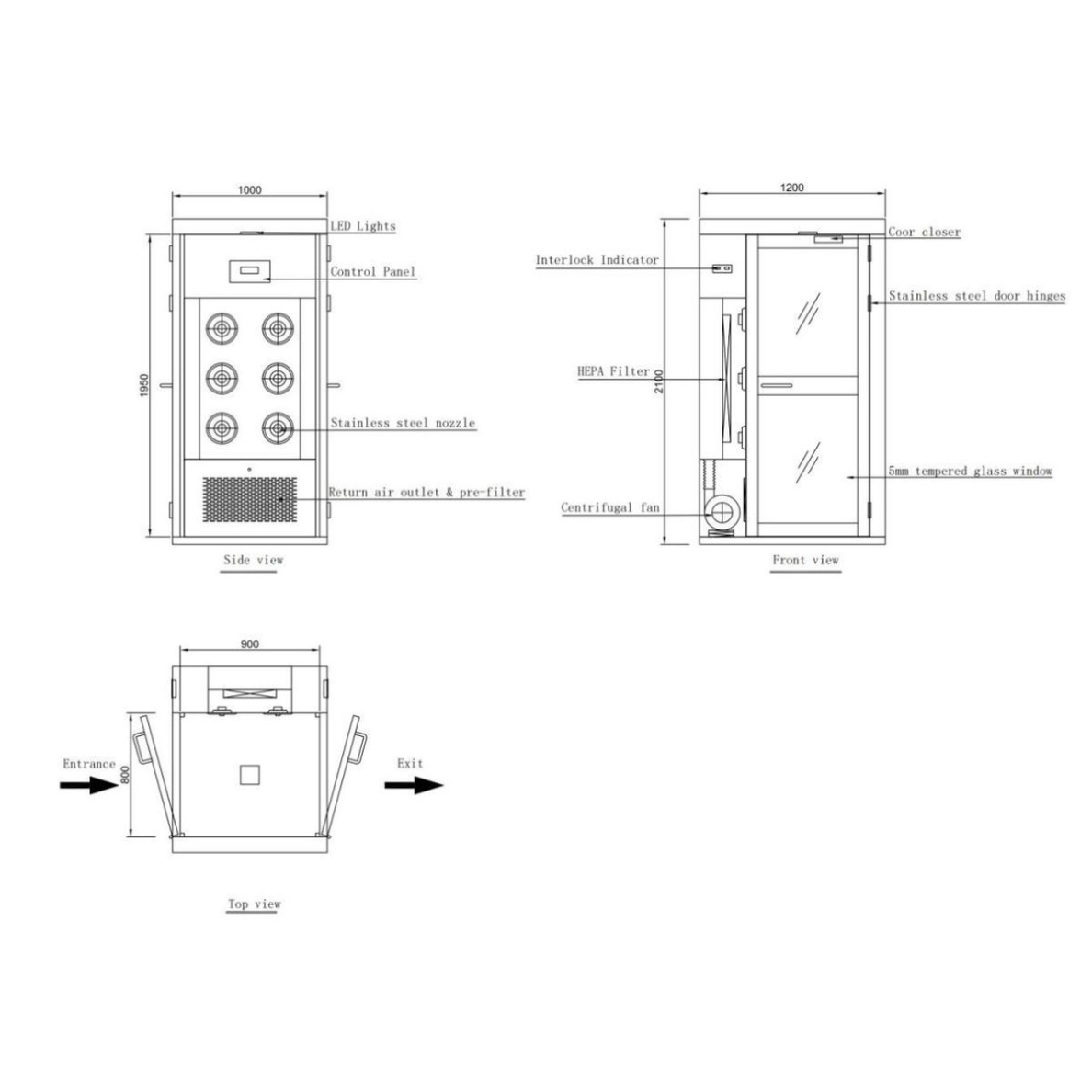 Air shower cabin with 6 nozzles | ≥20m/s | 380V | 1200x1000x2100mm | HEPA H13/H14 | stainless steel 6 Air shower cabin with 6 nozzles | ≥20m/s | 380V | 1200x1000x2100mm | HEPA H13/H14 | stainless steel 6