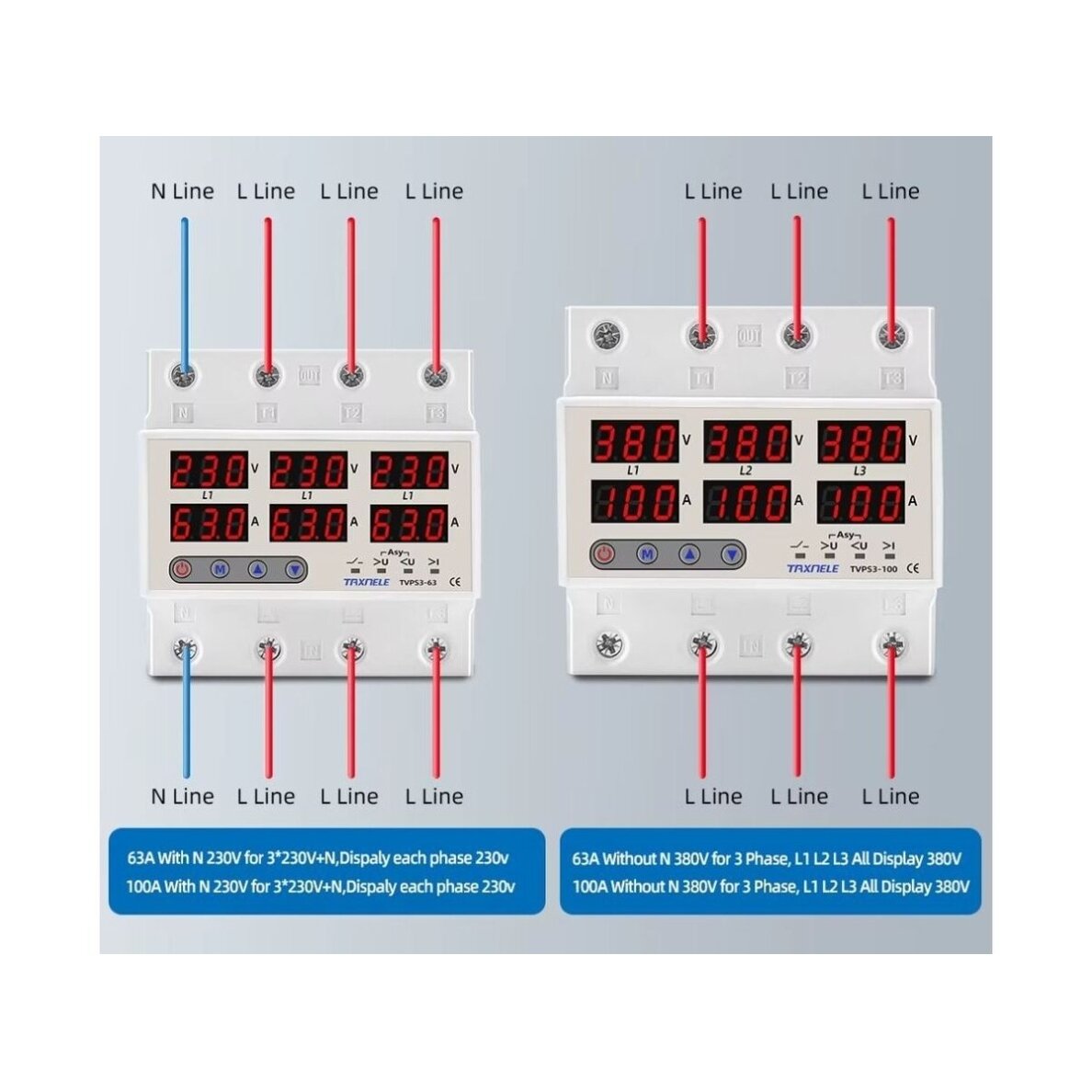 Modulaarne | digitaalne pinge- ja voolukontrolli | kaitse | faasijärjestuse tasakaalustamatusrelee | 3-faasiline | 1-63A | 380V | DIN siinile 3