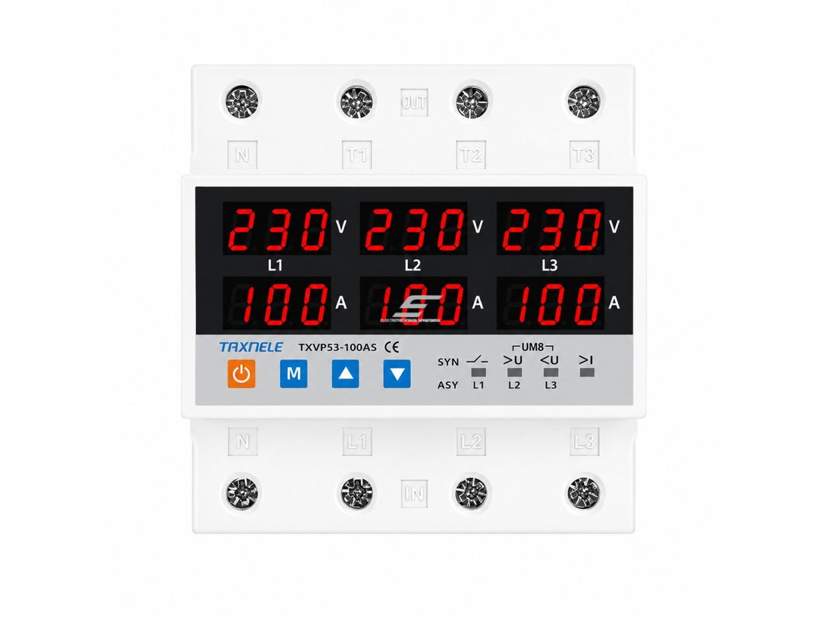 Modulinė įtampos kontrolės relė | skaitmeninė | 3 fazių | 100A | 220V | DIN | viršįtampio | įtampos kritimo | srovės apsauga | TAXNELE