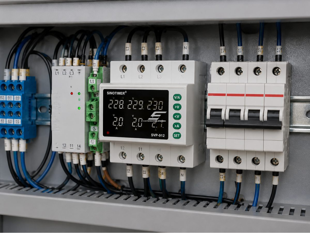 Trijų fazių įtampos ir srovės kontrolės relė | 1–63A | 230V | 3NO | fazių sekos, viršįtampio, žemos įtampos, asimetrijos ir perkrovos apsauga | DIN bėgeliui 3