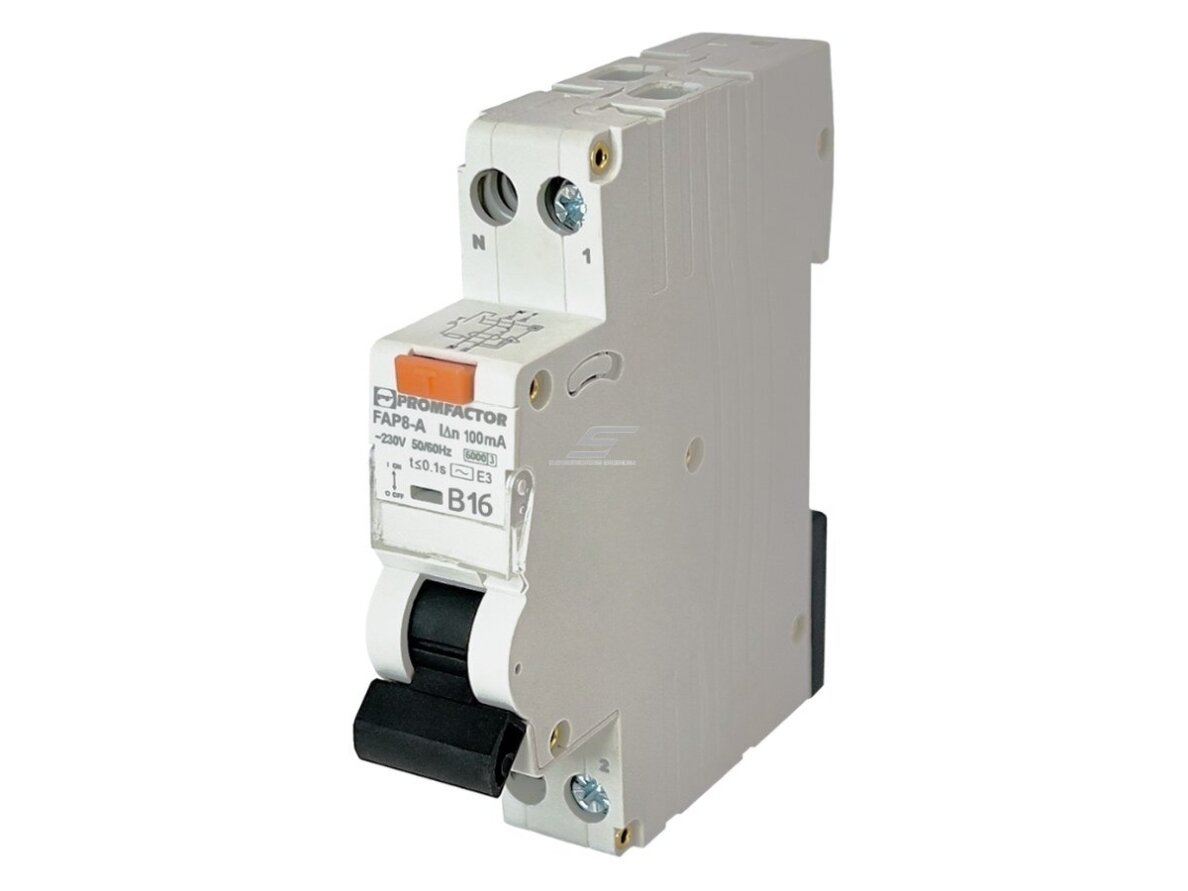 Modulinis automatinis jungiklis su srovės nuotėkio rele | 1P+N | 16A | B | 6kA | 0,1A | A tipas | DIN | FAP8-A | Promfactor Baltic | FAP08B16100A