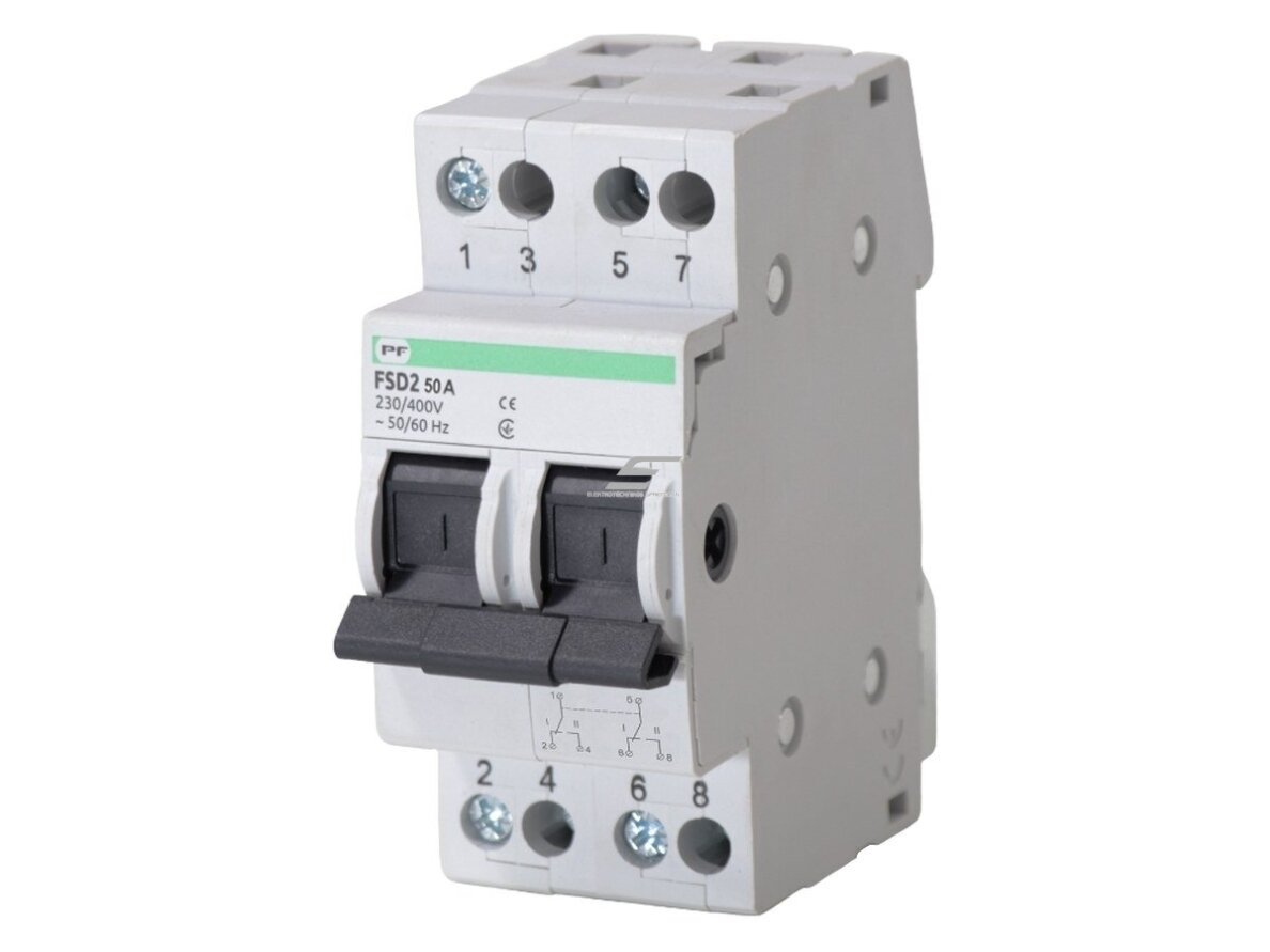 Modulinis perjungiklis 1-0-2 generatoriui | 2P | 50A | 230/400V AC | AC-22 | IEC 60947-3 | DIN | IP20 | Promfactor Baltic | FSD22050