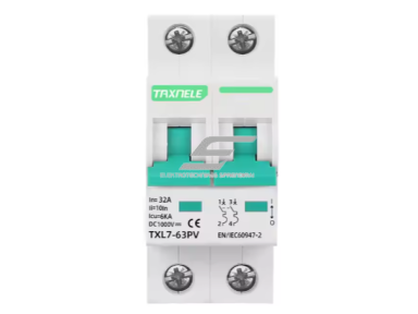 Modulinis apsauginis nuolatinės įtampos automatinis jungiklis saulės moduliams | 2P | 32A | 1000VDC | 6kA | DIN | ES-TXL7-32PV Modulinis apsauginis nuolatinės įtampos automatinis jungiklis saulės moduliams | 2P | 32A | 1000VDC | 6kA | DIN | ES-TXL7-32PV