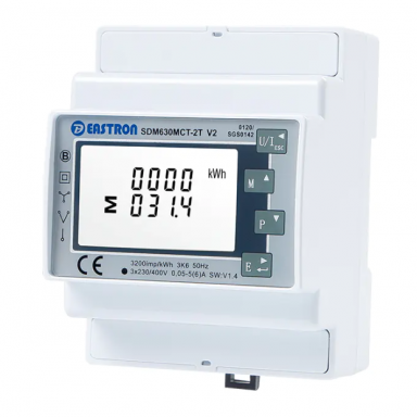 Modulārais daudzfunkciju elektroenerģijas skaitītājs | 3F | 1/5 A caur strāvmaiņiem | 2 tarifi | RS485 Modbus | MID | DIN | Eastron SDM630MCT-2T