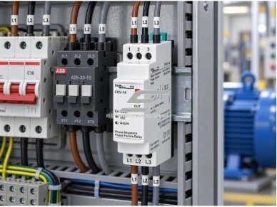 Modulinė trifazė fazių kontrolės | sekos | apsaugos relė | 3x380V | fazių asimetrija 30% | DIN 4
