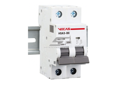 Modulinis apsauginis nuolatinės įtampos automatinis jungiklis saulės moduliams | 2P | 16A | 500VDC | C | 10kA | DIN | MCB-DC | VECAS | HSA3-DC-216500 1
