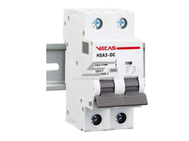 Modulinis apsauginis nuolatinės įtampos automatinis jungiklis saulės moduliams | 2P | 20A | 500VDC | C | 10kA | DIN | MCB-DC | VECAS | HSA3-DC-220500 1