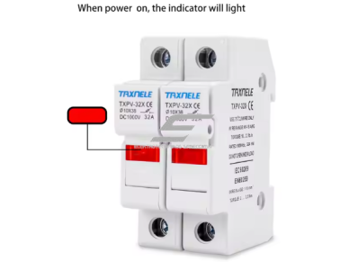Modulinis saugiklių kirtiklių laikiklis | blokas saulės elektrinėms | su indikatoriumi | 2P | 32A | 1000VDC | 10x38mm | DIN 3
