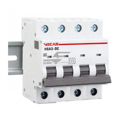 Modular protective DC circuit breaker for solar modules 4P | 16A | 1000VDC | C | 10kA | DIN | MCB-DC | HSA3-DC VECAS 1 Modular protective DC circuit breaker for solar modules 4P | 16A | 1000VDC | C | 10kA | DIN | MCB-DC | HSA3-DC VECAS 1