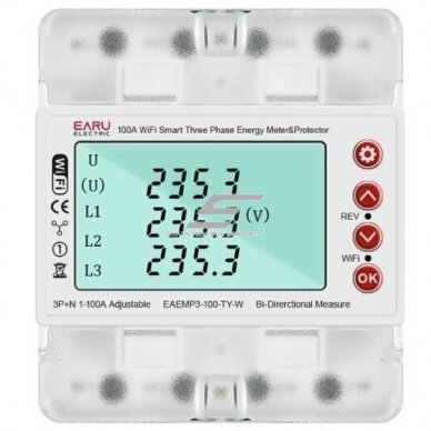 Smart three-phase energy meter with protection functions | 4P | 100 A | 3×230/400 V | Wi-Fi Tuya | DIN | ES-EAEMP3-100-TY-W Smart three-phase energy meter with protection functions | 4P | 100 A | 3×230/400 V | Wi-Fi Tuya | DIN | ES-EAEMP3-100-TY-W