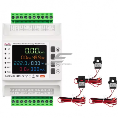 Trīsfāžu Tuya Wi-Fi viedais divvirzienu elektroenerģijas skaitītājs ar aizsardzībām | 3 CT līdz 120 A | RS485 | DIN | EARU EASEM-G-TY-W 1