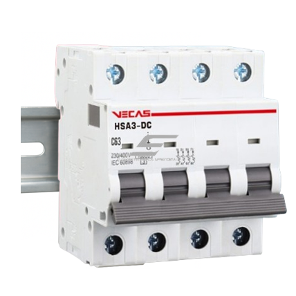 Modular protective DC circuit breaker for solar modules 4P | 16A | 1000VDC | C | 10kA | DIN | MCB-DC | HSA3-DC VECAS 1 Modular protective DC circuit breaker for solar modules 4P | 16A | 1000VDC | C | 10kA | DIN | MCB-DC | HSA3-DC VECAS 1