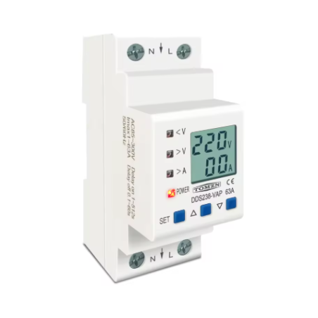 Modułowy przekaźnik kontroli napięcia | cyfrowy | zabezpieczenie przed przepięciem i spadkiem napięcia | 80A | 230V AC | DIN | woltomierz | amperomierz | pomiar kWh