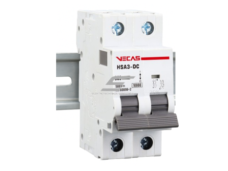 Modulinis apsauginis nuolatinės įtampos automatinis jungiklis saulės moduliams | 2P | 16A | 500VDC | C | 10kA | DIN | MCB-DC | VECAS | HSA3-DC-216500 1