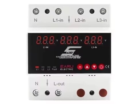 Modulinė | skaitmeninė automatinė fazių perjungimo relė | iš 380V į 230 V | 3F | 63A | DIN Modulinė | skaitmeninė automatinė fazių perjungimo relė | iš 380V į 230 V | 3F | 63A | DIN