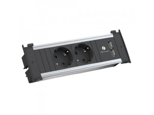Kištukinių lizdų blokas | montuojamas į baldus | 2xSchuko | 2xUSB-A | 204x50x70mm | 2m kabelis | juodas | Bachmann KAPSA BA.927.001