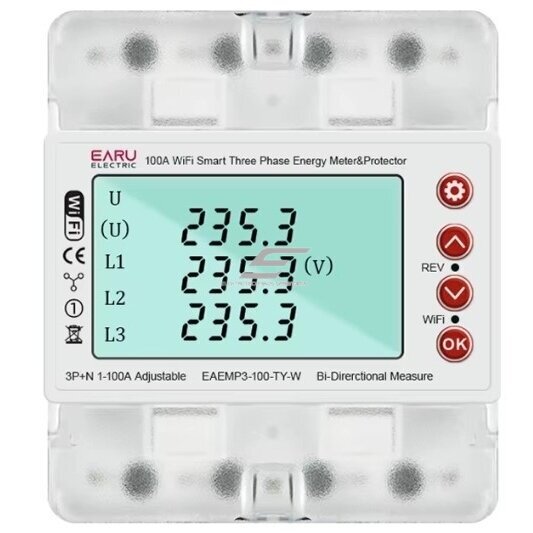 Smart three-phase energy meter with protection functions | 4P | 100 A | 3×230/400 V | Wi-Fi Tuya | DIN | ES-EAEMP3-100-TY-W Smart three-phase energy meter with protection functions | 4P | 100 A | 3×230/400 V | Wi-Fi Tuya | DIN | ES-EAEMP3-100-TY-W