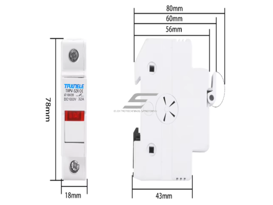 Modulinis saugiklių kirtiklių laikiklis | blokas saulės elektrinėms | su indikatoriumi | 1P | 32A | 1000VDC | 10x38mm | DIN 3 Modulinis saugiklių kirtiklių laikiklis | blokas saulės elektrinėms | su indikatoriumi | 1P | 32A | 1000VDC | 10x38mm | DIN 3
