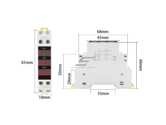 Modulinis | skaitmeninis elektros energijos voltmetras | trifazis | 80-500VAC | DIN 3