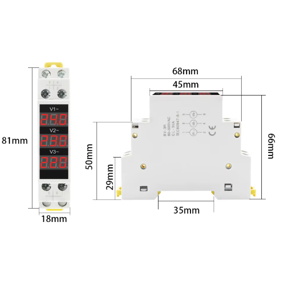 Modulārs | digitāls elektriskās enerģijas voltmetrs | vienfāzes | 80–500VAC | DIN 3