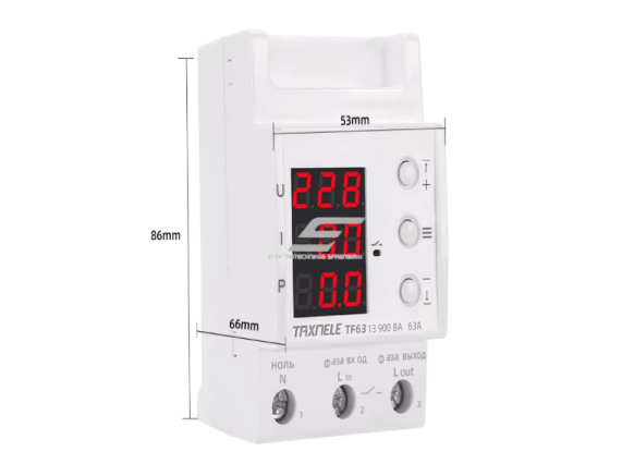Modulinė įtampos ir srovės kontrolės relė | vienfazė | 63A | DIN montavimas | 230V | reguliuojama | virš/žem įtampa + viršsrovė | TAXNELE 1