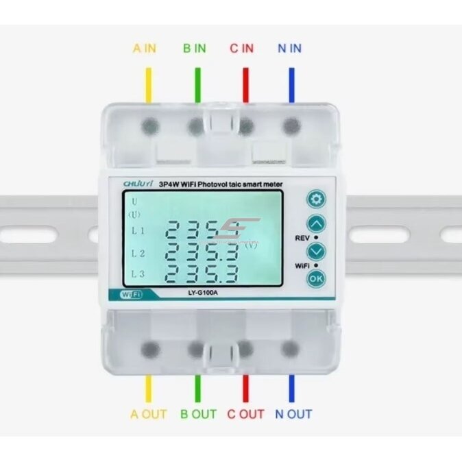 Smart three-phase multifunction energy meter with protection functions | 4P | 5(100) A | 3×230/400 V | Wi-Fi Tuya | DIN | ES-LY-G100A 3