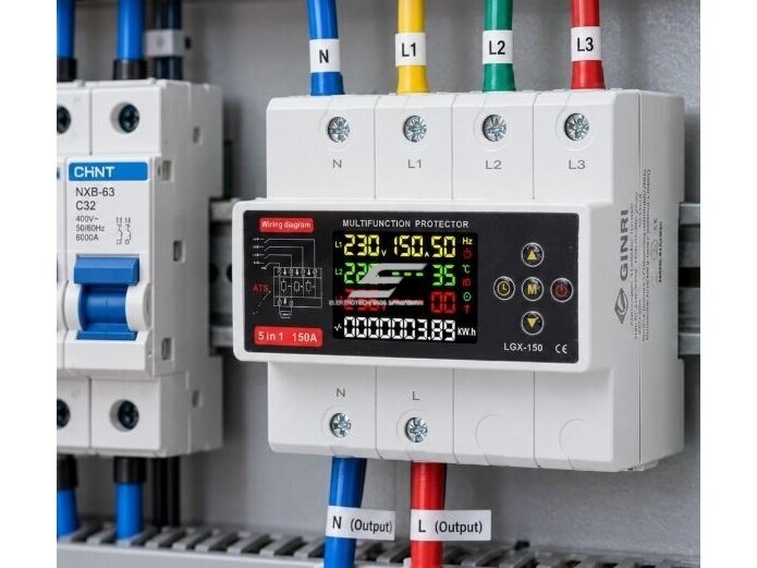 Modulinis multifunkcinis rezervinis automatinis galios perjungiklis su apsaugos funkcijomis | elektros energijos matavimu | generatoriams | nepertraukiamam elektros energijos tiekimui | 150A | 3x230V | iš 380V į 230V 5 Modulinis multifunkcinis rezervinis automatinis galios perjungiklis su apsaugos funkcijomis | elektros energijos matavimu | generatoriams | nepertraukiamam elektros energijos tiekimui | 150A | 3x230V | iš 380V į 230V 5