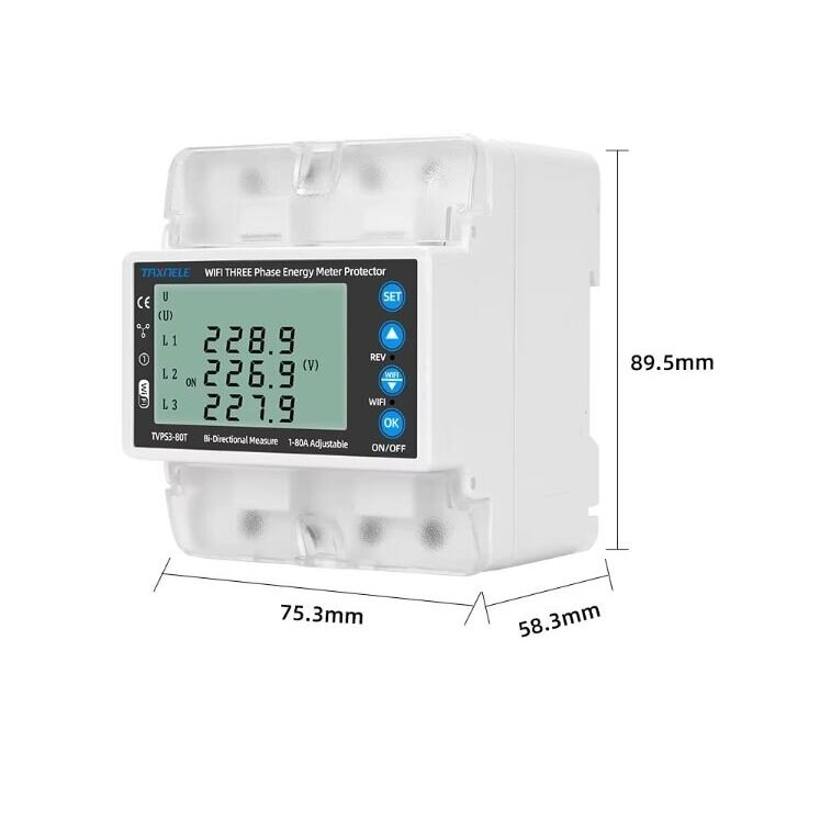 Smart three-phase bidirectional energy meter with voltage, current and phase-sequence protection | 1–80 A | 3×230/400 V | Wi-Fi Tuya | DIN | EL-TVPS3-80T 4