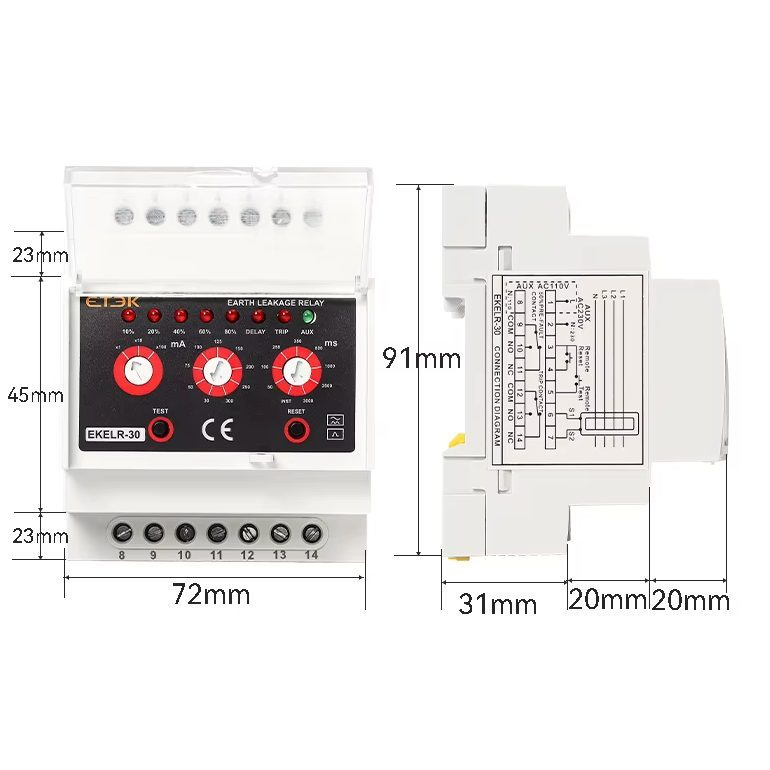 Modulārs noplūdes strāvas kontroles relejs | zemējuma noplūdes uzraudzības relejs | 110/230VAC | regulējams 30mA–30A | DIN sliede | 1NO+1NC 2 Modulārs noplūdes strāvas kontroles relejs | zemējuma noplūdes uzraudzības relejs | 110/230VAC | regulējams 30mA–30A | DIN sliede | 1NO+1NC 2