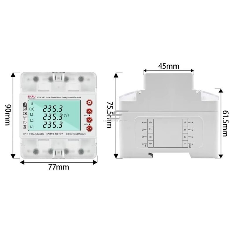 Smart three-phase energy meter with protection functions | 4P | 100 A | 3×230/400 V | Wi-Fi Tuya | DIN | ES-EAEMP3-100-TY-W 4