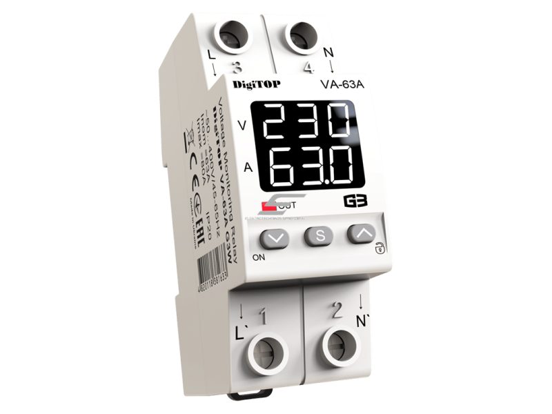 Modulinė | skaitmeninė | įtampos kontrolės relė su srovės valdymu | 1F | 63A | DIN | DigiTOP | G3W | VA-63A Modulinė | skaitmeninė | įtampos kontrolės relė su srovės valdymu | 1F | 63A | DIN | DigiTOP | G3W | VA-63A